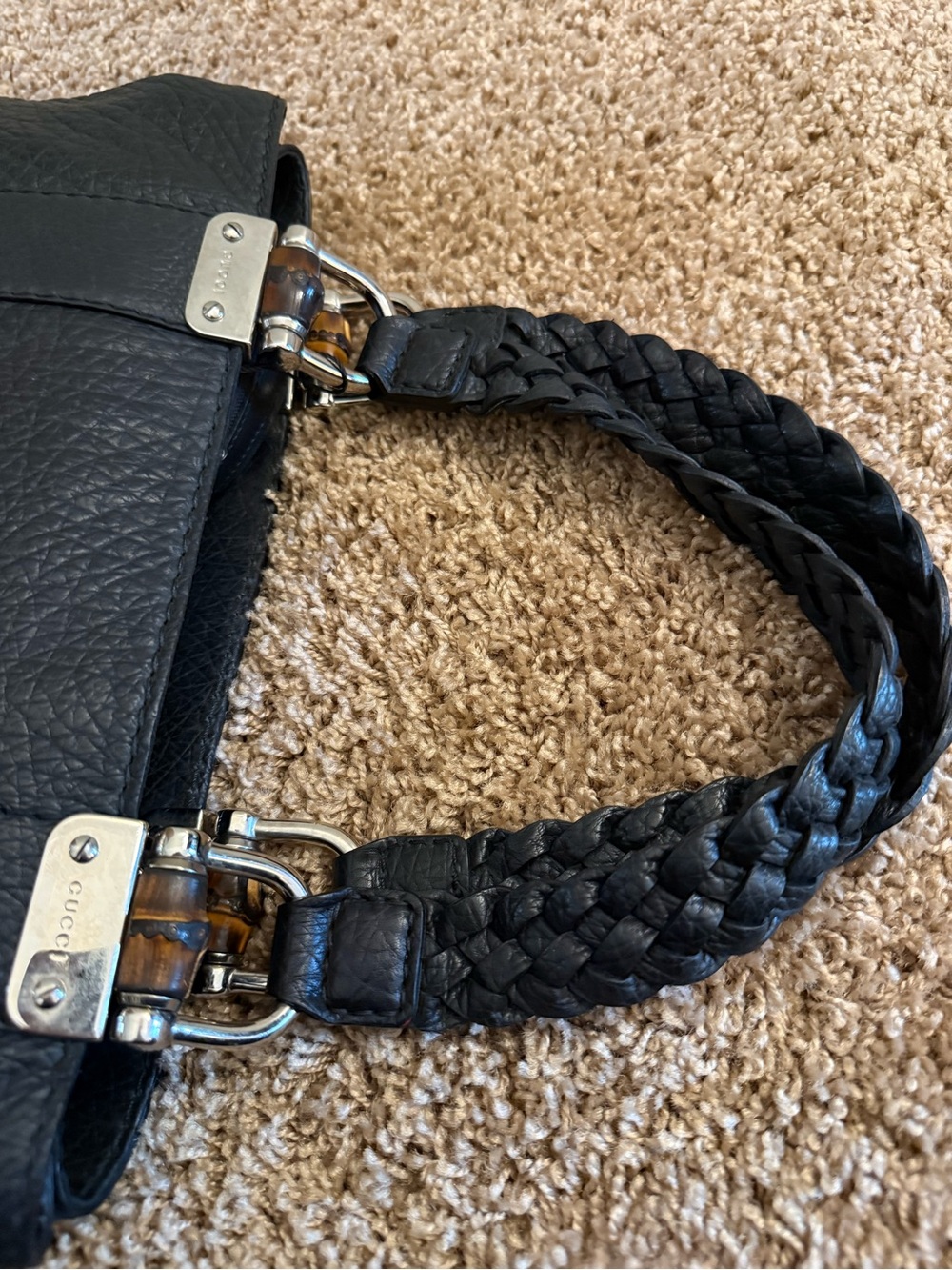 Classic Gucci Black Leather Tote Bag with Braided Handles and bamboo detail - Picture 3 of 11